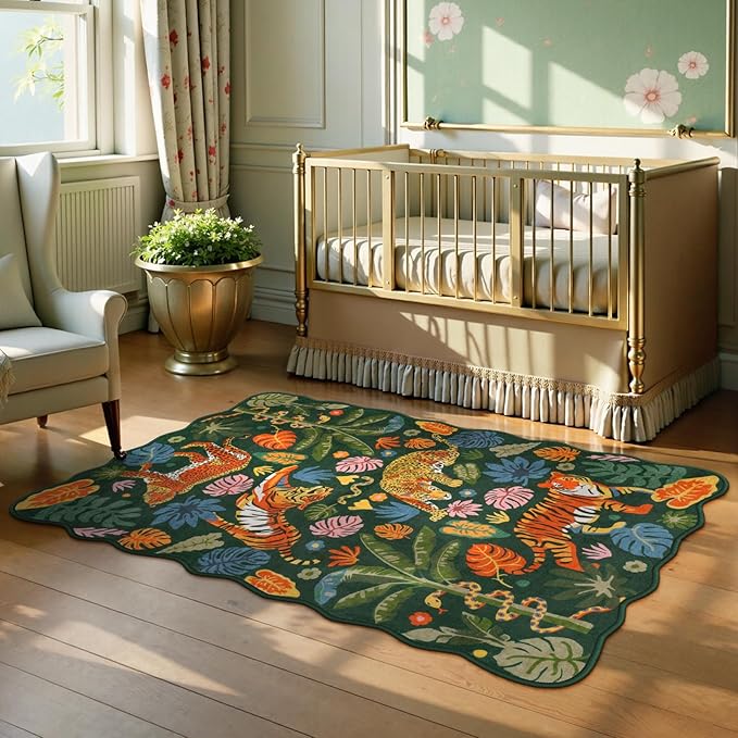LEEVAN 3x5 Bedroom Rug Washable Tiger Kitchen Rugs Non Slip Green Entryway Mat Scalloped Bathroom Floor Pad Leopard Living Room Rug Low Pile Playroom Carpet Jungle Kids Mat