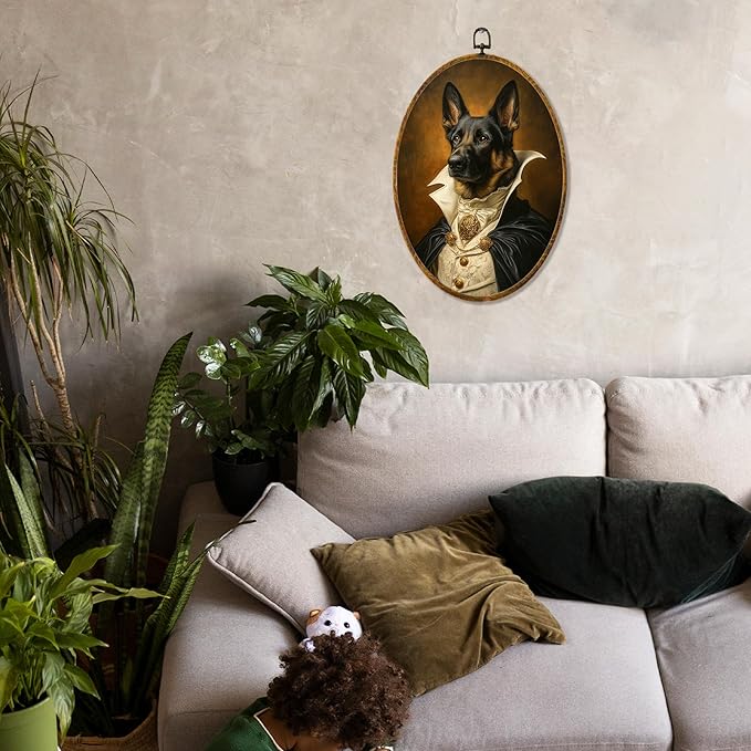 Hiuwevt Vintage German Shepherd Oval Wall Art Decor, German Shepherd Gifts Framed Canvas Prints, Renaissance Style Dog Oval Wall Hanging Decor for Bedroom Living Room Decorations, 8.6x11.4 Inches