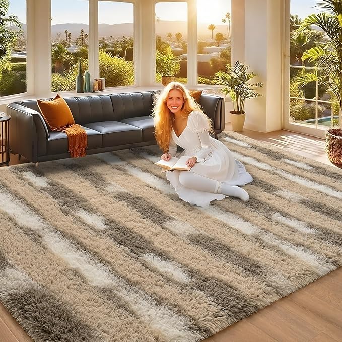 8x10 Feet Area Rugs for Living Room Bedroom,Beige and White Machine Washable Soft Fluffy Shaggy Indoor Rug, Floor Carpet for Girls Boys Kids, Dorms, Nursery Rooms, Home Decor Aesthetic