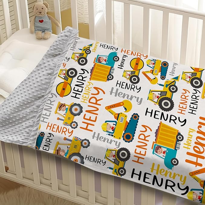Personalized Baby Blankets for Boys, Custom Name Blanket Birthday Gift for Kid, Soft Flannel Blanket with Dotted Backing for Infants Toddlers, Customized Gifts, Yellow Truck(60" x80)