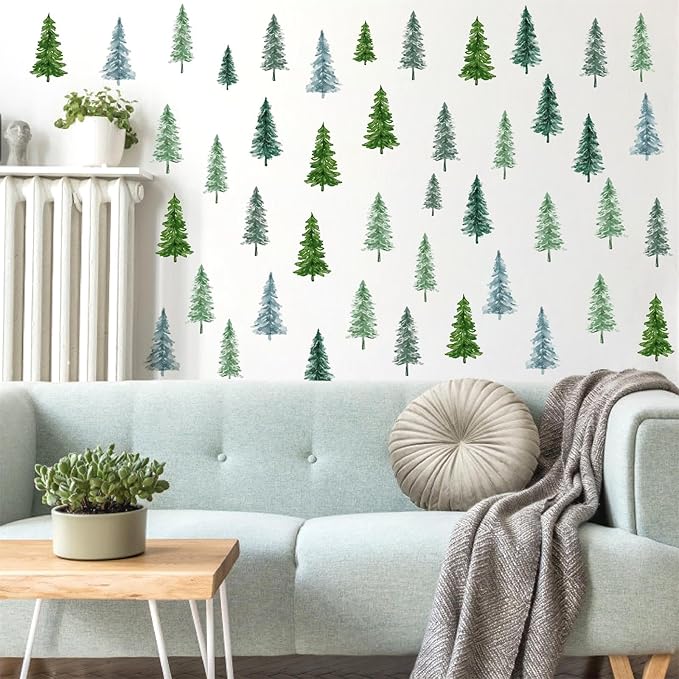 Small Pine Tree Wall Sticker Watercolor Green Tree Window Decals Forest Pine Window Stickers Green Trees Wall Decals Peel and Stick Small Pines Wall Stickers for Nursery Bedroom Kids Room Decor