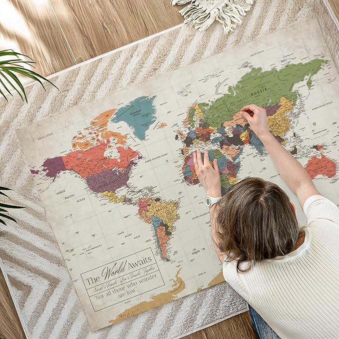 ElephantStock - Personalized World Awaits II Push Pin World Map Wall Art - Horizontal Canvas Wall Art - Living Room Wall Decor - Digital Art Map Canvas Art - Green And Beige Decor - 48" x 32"