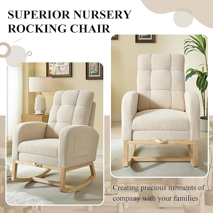 Nursery Rocking Chair, Polyester Upholstered Glider Chair with Footrest, Comfy Rocker Chair, Accent Chair with High Backrest, Glider Rocker, Armchair for Living Room (Beige Teddy)