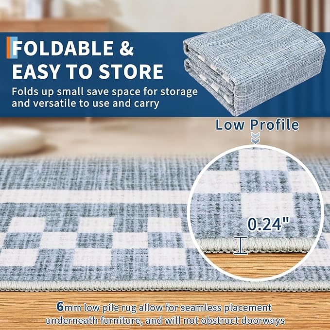 Rug Runners for Hallways 2x8 Washable Kitchen Runner Rug Non Slip Low Pile Bedside Throw Carpet Modern Bordered Bathroom Runners Checkered Area Rug for Living Room Bedroom Entryway Nursery, Blue