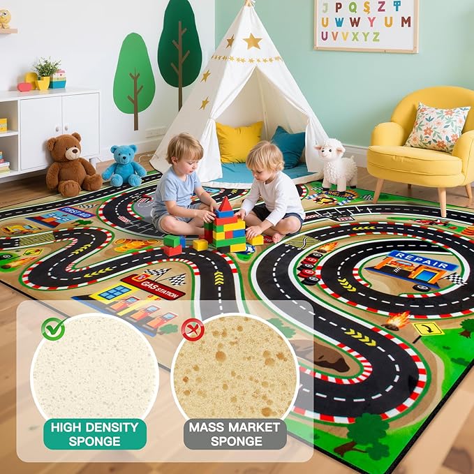 Kids Rug, Race Track Baby Play Mats, 5x7 FT Kids Rug for Playroom,Extra Thick (0.4in) Realistic 3D Cascading Surround Route, Great for Playing with Cars and Toys, Non-Slip Car Carpet