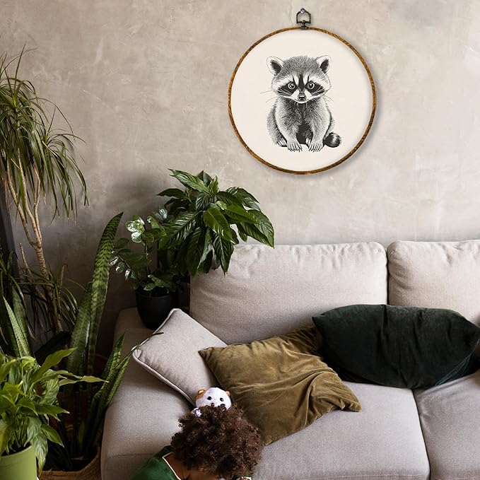 Hiuwevt Vintage Raccoon Round Wall Art Decor, Cute Neutral Racoon Framed Canvas Prints, Trash Panda Wildlife Animal Round Wall Hanging Decor for Home Nursery Kids Bedroom Decorations, 10x10 Inches
