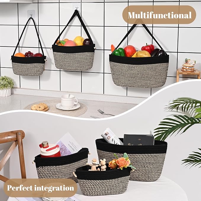 Hanging Storage Baskets, 3-Tier Over the Door Basket, Cotton Wall Baskets Storage, Detachable Hanging Door Basket with 4 Hooks, Over the Door Organizer Nursery for Bedroom, Living Room, Bathroom Wall
