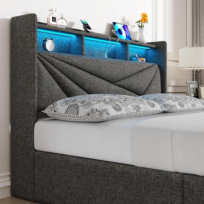 LED Queen Bed Frame with 4 Storage Drawers, Upholstered Bed Frame Queen Size with 2-Tier Headboard and Charging Station, No Box Spring Needed, Easy to Assembly - Dark Grey