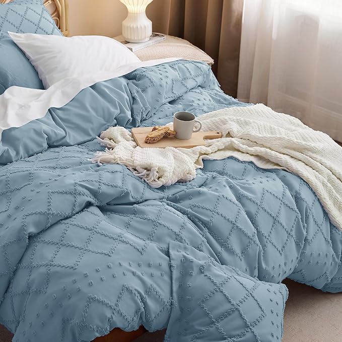 Bedsure Boho Twin Duvet Cover Size - Mineral Blue Breathable & Soft Boho Bedding, Machine Washable Comforter Cover for All Seasons, Includes 1 Duvet Cover 68"x90" with 1 Pillow Sham & Zipper Closure