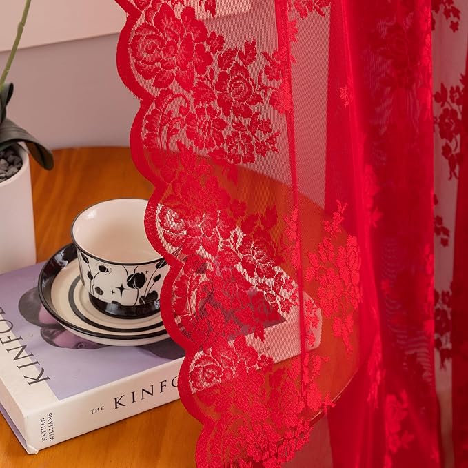 Kotile Red Sheer Curtains 84 Inches Long, W52 x L84 Inch, 2 Panels, Country Rustic Floral Vintage Red Lace Curtains for Living Room, Rod Pocket Privacy Light Filtering Cottagecore Window Sheer Curtain