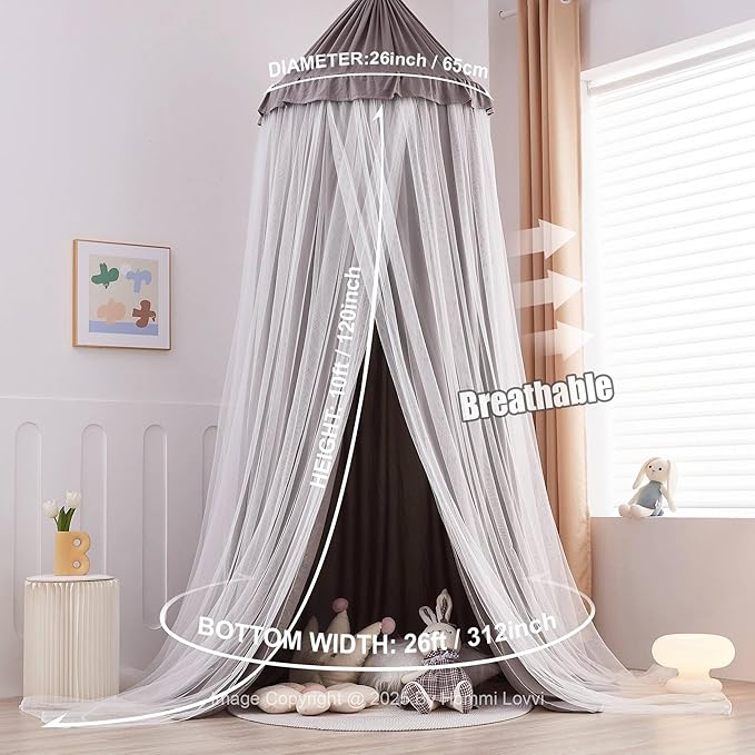 Double Layers Bed Canopy with Star Lights, 3 Pieces Layers Canopy for Girls Bed, Princess Round Dome Dreamy Play Tent, Hanging Kids Reading Nook Mosquito Net, Machine Washable - Gray