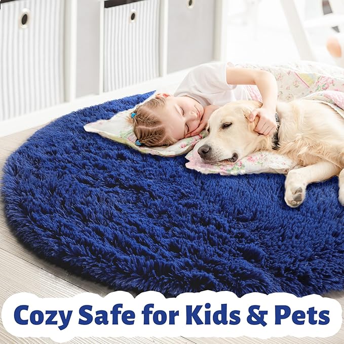 Navy Blue Small Round Rug 3Ft for Boys Room Bedroom, Washable Circle Area Rugs for Kids Room, Living Room Decor Aesthetic, Fluffy Shag Fur Throw Royal Dark Blue Carpet for Dorm Playroom Baby Nursery