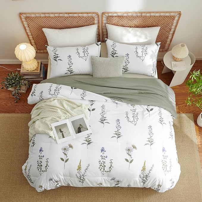 Nayoroom Floral Comforter Set Queen Size Reversible White Green Botanical Flower Comforter 3 Pieces Soft Lightweight Cottagecore Bedding Set for All Seasons
