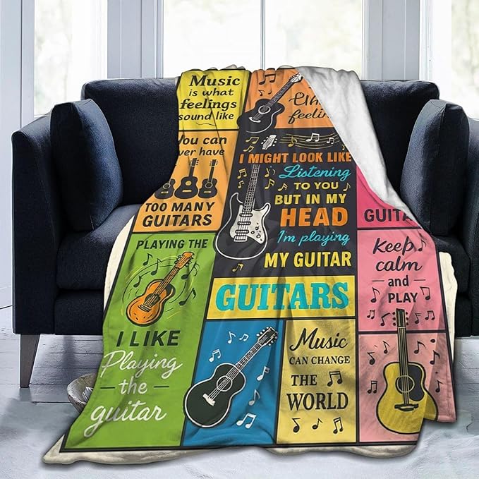 Guitar Music Throw Blanket Soft Cozy Fleece Fuzzy Plush Musical Instruments Theme Warm Stuff Bedding Blanket Gifts for Guitar Lover Boys Girls Kids Adult Men Women 40"X50"