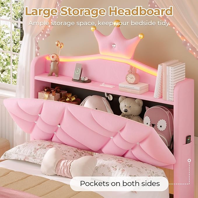 MSmask Twin LED Bed Frame with Storage Headboard & Drawer, Princess Upholstered Bed with Charging Station & Crystal Button & Crown, Velvet Platform Bed for Girls, Solid Wood Slats, Curved Legs, Pink