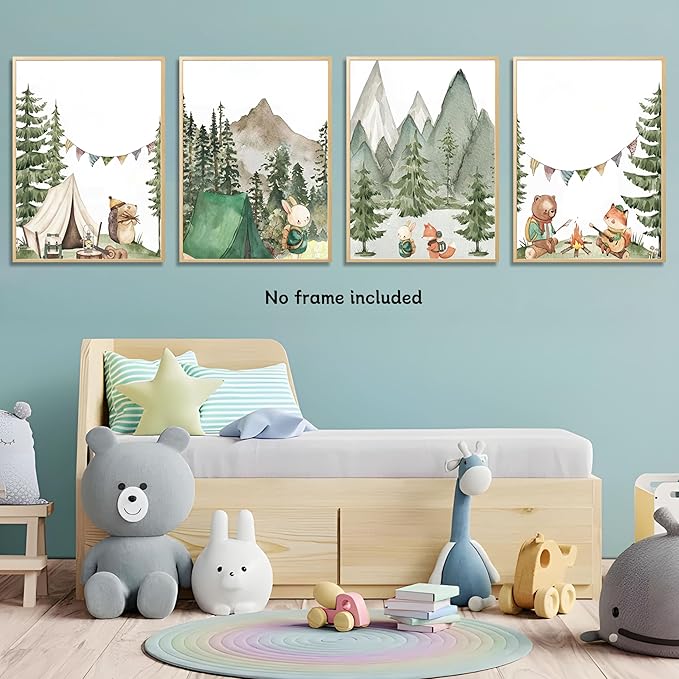 Woodland Adventure Nursery Canvas Wall Art Set of 4 Camping Animal Prints BearFox Rabbit Hiking PostersForest Mountain Themed Kids Room PictureNature Exploration Wall Decor Frameless 16x24In ﻿