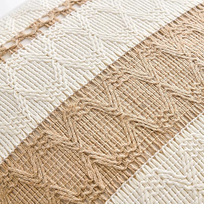 Fancy Homi Set of 2 Boho Neutral Euro Decorative Throw Pillow Cover 26x26 Inch for Couch Bed Bedroom, Aesthetic Modern Organic Farmhouse Room Decor, Soft Cotton Accent Macrame Woven Tan Cushion Case