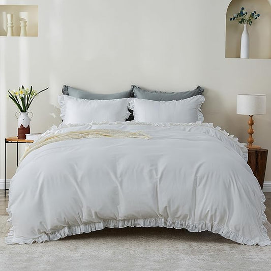 Simple&Opulence Kids 100% Organic Cotton Queen Duvet Cover Ruffle 3Pcs(1 Comforter Cover 2 Pillowcases) Cute Lace Vintage Boho Shabby Chic Farmhouse Bedding Set Teen Girls(White, Queen)