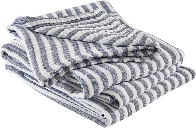 EMME Cotton Muslin Twin Blanket Breathable Gauze Soft Lightweight Adults Gifts for Women (Striped Navy, 60"x80")