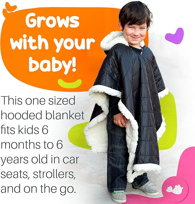 Birdy Boutique Car Seat Poncho for Kids – Reversible Warm Blanket with Hoodie – Safe to Use Over Seat Belts – Easy On, Easy Off, and Doesn’t Impact Seat Performance - Black – One Size