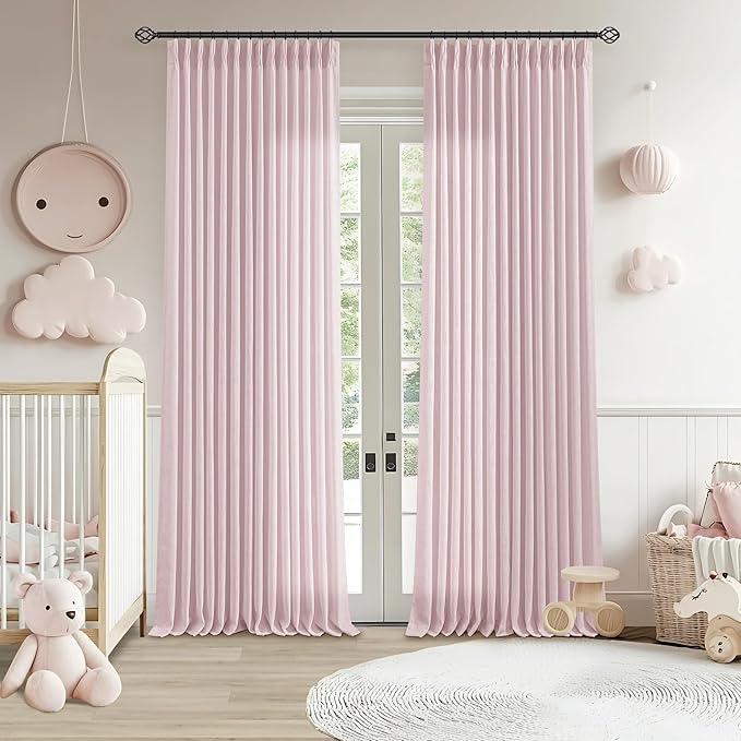 Pinch Pleated Pink Linen Curtains 120 Inches Long for Girls Bedroom Living Room Light Filtering Extra Long Pleated Semi Sheer 120 Inch Curtains Drape Window Panels Pink Blush Babys Nursery