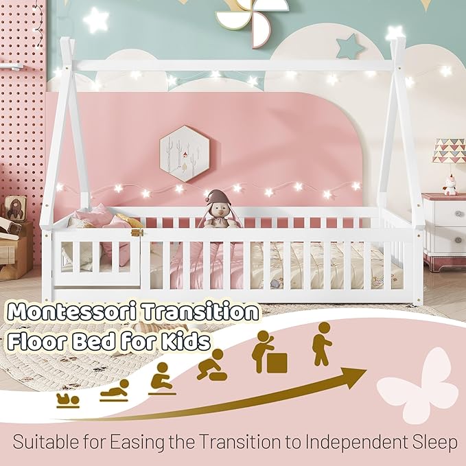 Twin House Bed Frame with Fence Rails and Door,Wood Montessori Floor Bed with Slats Support,Teepee Tent Beds Kids Bed Frames for Girls Boys, White