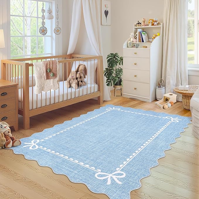 GarveeHome Scalloped Bow Rug for Living Room, Solid Blue Rug for Dorm, Washable Rugs 5x7 Soft Low Pile Non Slip Scalloped Rugs for Nursery College Bedroom Decor Kids Room Playroom