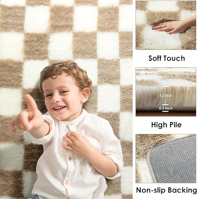 KICMOR Rugs for Living Room 7x10 Area Rug, Beige and Cream White Large Fluffy Shag Shaggy Fuzzy Checkered Bedroom Big Carpet, Soft Plush Rug for Kids Boys Girls Dorm Nursery Home Decor Aesthetic