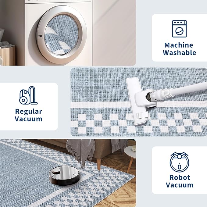GarveeHome 5x7 Washable Area Rug for Bedroom Living Room Non Slip Modern Bordered Throw Rugs Low Pile Soft Checkered Dining Room Area Rugs Geometric Throw Carpet for Kitchen Nursery Office, Blue
