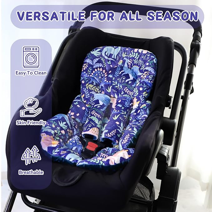 Pea Pod Infant Car Seat Insert with Strap Covers, All in One Reversible Baby Car Seat Head Support for Newborn, 3D Soft Minky Carseat Cushion for Preemie to Infant, Stroller, Swing, Bouncer, Dinosaur