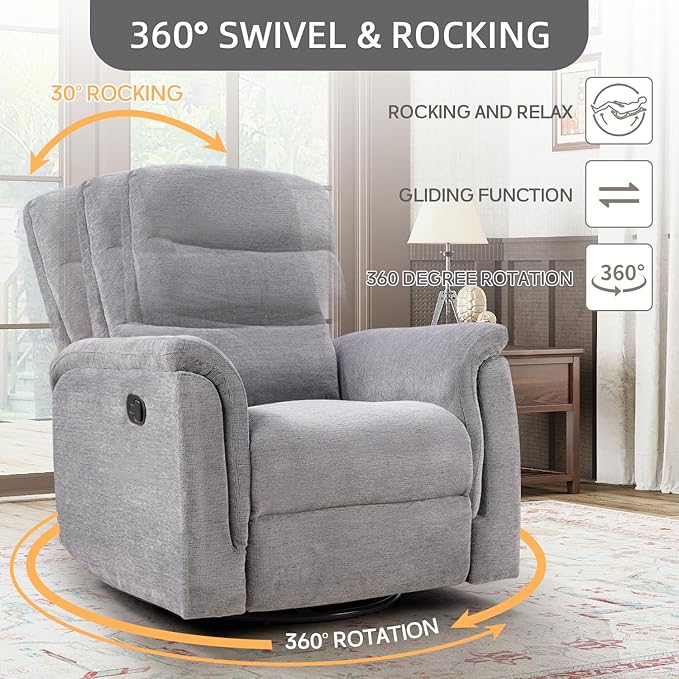 INZOY Swivel Rocker Recliner, Nursery Glider Chair, Manual Chairs Swivel Glider Recliners with Soft Backrest, Fabric Manual Reclining Sofa for Living Room Bedroom Apartment, Grey