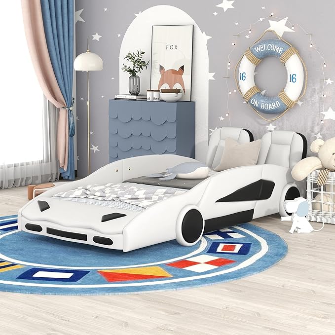 Twin Size Race Car-Shaped Platform Bed Bedframe with Wheels, 89" L x 43.75" W x 27" H White