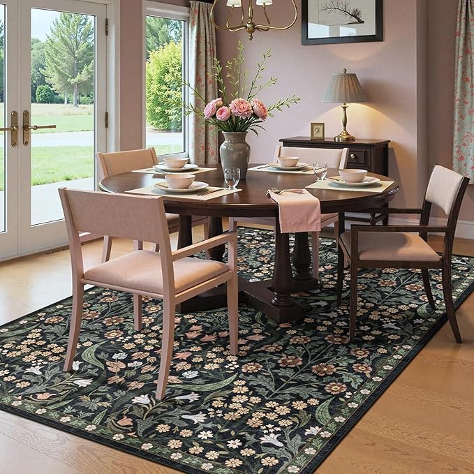 6x9 Washable Area Rug for Living Room, Floral Non-Slip Non-Shedding & Easy Care, Soft Low Pile Botanical Indoor Floor Carpet for Living Room, Bedroom, Farmhouse, Dining Room, Kids Playroom, Black