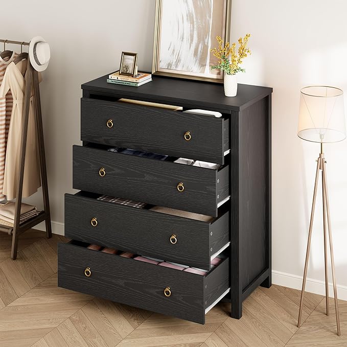 IDEALHOUSE Dresser for Bedroom, Chest of Dressers 37" Tall Dresser for Closet with 4 Drawers Chest with Clothes Storage Cabinet, Drawer Organizer for Bedroom, Living Room, Closet, Hallway, Black