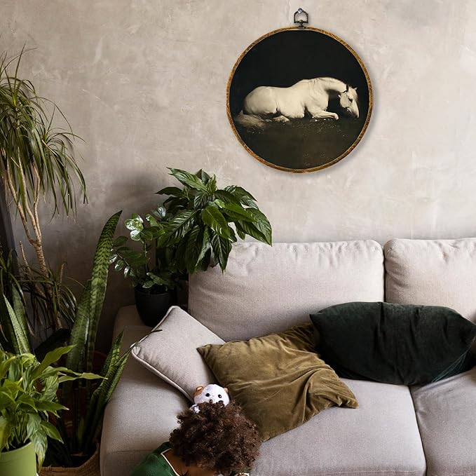 Hiuwevt Vintage White Horse Round Wall Art Decor, Horse Gifts for Women Wall Framed Canvas Prints, Moody Dark Academia Animal Round Hanging Decor for Bedroom Living Room Decorations, 10x10 Inches