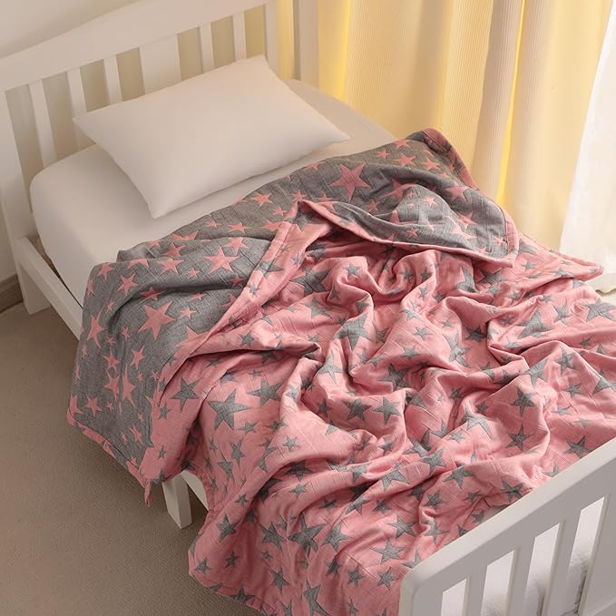 NTBAY 3 Layer Toddler Blanket, Muslin Cotton Jacquard Bed Blankets, Lightweight Thermal Baby Blanket, Super Soft and Warm Crib Blanket for All Seasons, Decoration Gift, 45"x60", Red and Black Star