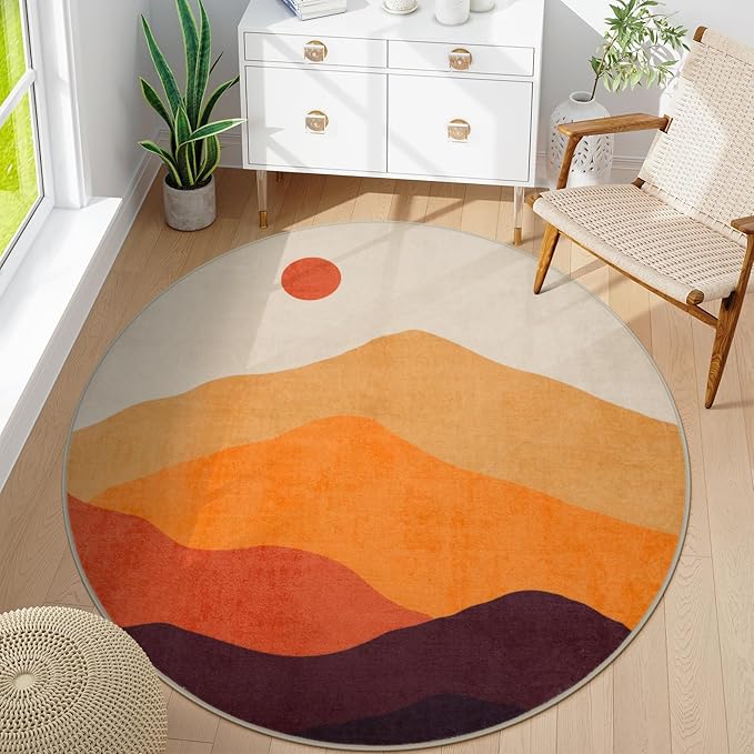 Sunset Round Rug 4ft, Orange Round Bathroom Rug Non Slip Washable Circle Rug for Entryway, Soft Circular Bedroom Rugs Abstract Throw Carpet for Living Room Dining Room