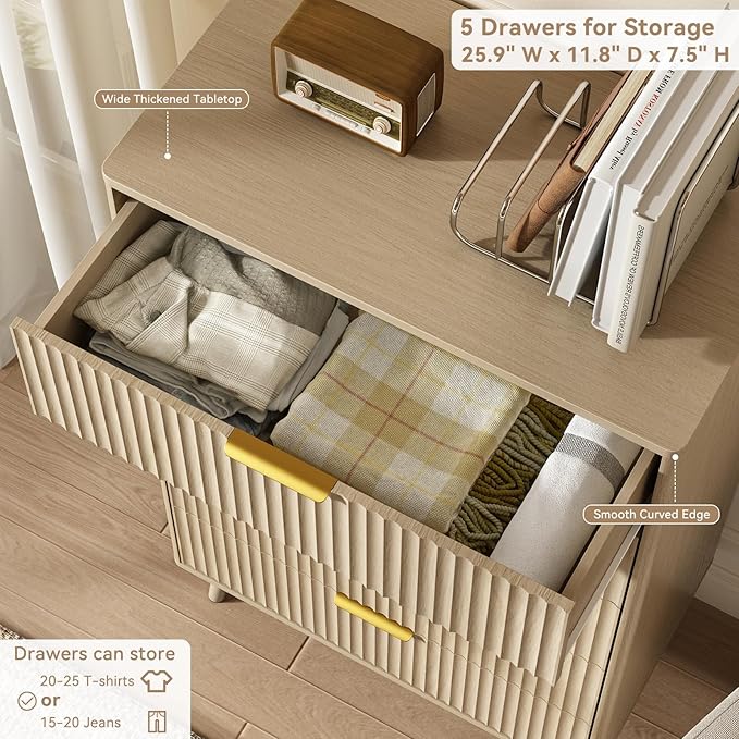 CARPETNAL Fluted 5 Drawers Dresser for Bedroom, 45" Tall Wooden Chest of Drawers with Rounded Corners, Gold Handles, Modern Storage Organizer for Bedroom, Hallway (Beige)