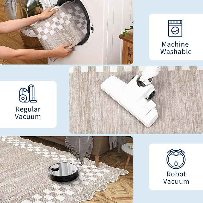 GarveeHome 4x6 Area Rug Small Washable Living Room Rug Scalloped Rug with Rubber Backing Stain Resistant Low Pile Dining Room Throw Carpet Modern Bordered Mat for Bedroom Kitchen, Fog