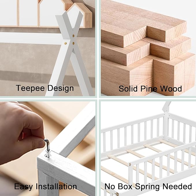 Twin House Bed Frame with Fence Rails and Door,Wood Montessori Floor Bed with Slats Support,Teepee Tent Beds Kids Bed Frames for Girls Boys, White