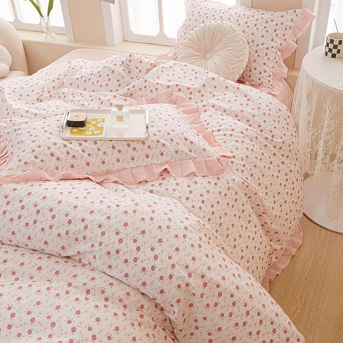 Ruffle Duvet Cover Queen Cute Red Flower Printed Lace Comforter Cover 100% Cotton Floral Duvet Cover Reversible Pink Striped Ruffle Comforter Cover Teen Girls Romantic Princess Bedding Sets Queen