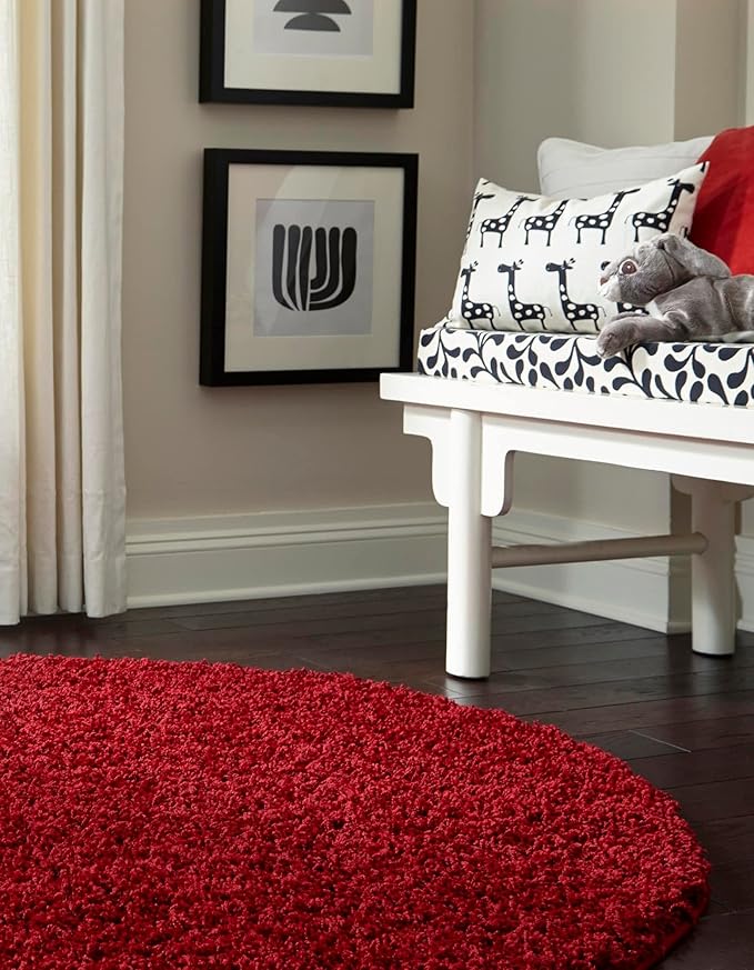 Unique Loom Solid Shag Collection Area Rug (7' 1" Round, Cherry Red)