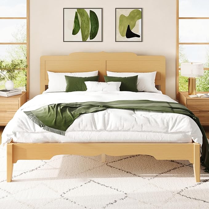 King Bed Frame and Headboard, Wooden Platform Bed with Wood Slats Support, Modern Bed Frame with Storage&Charging Station, No Box Spring Needed, Easy Assembly, Noise Free, Natural