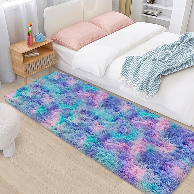 Shaggy Tie Dyed Light Blue Purple Runner Rug 2x6 ft Bedside Area Rugs for Living Room, Anti-Skid Extra Comfy Fluffy Floor Carpet for Indoor Hallway Home Decorative
