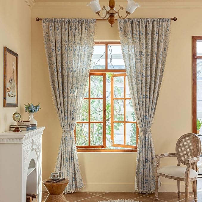 OYX Blue Floral Light Filtering Boho Curtains 84 Inch Long 2Panels For Living Room, Country Farmhouse Rustic Vintage French Drapes, Flower Printed Rod Pocket Privacy Decor Drapes For Bedroom Aesthetic