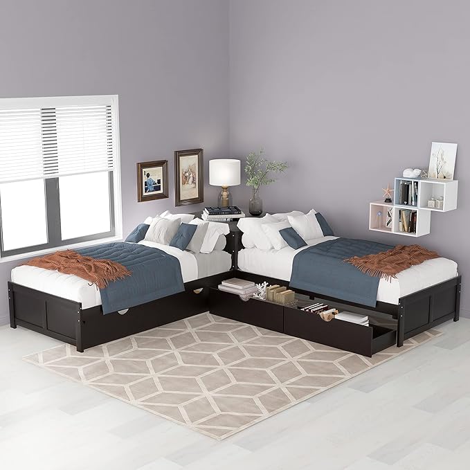 Harper & Bright Designs L-Shaped Platform Bed Frame with Trundle and Drawers Linked with Built-in Desk for Kids Boys Girls, Twin, Espresso