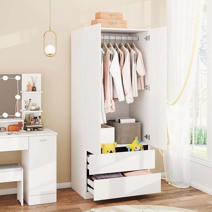 Armoire Wardrobe Closet with Drawers：75" Large White Wardrobe Closet Cabinet with 2 Doors for Hanging Clothes, Modern Wooden Bedroom Armoires with 2 Drawers and Storage (A-Style, 31.5")
