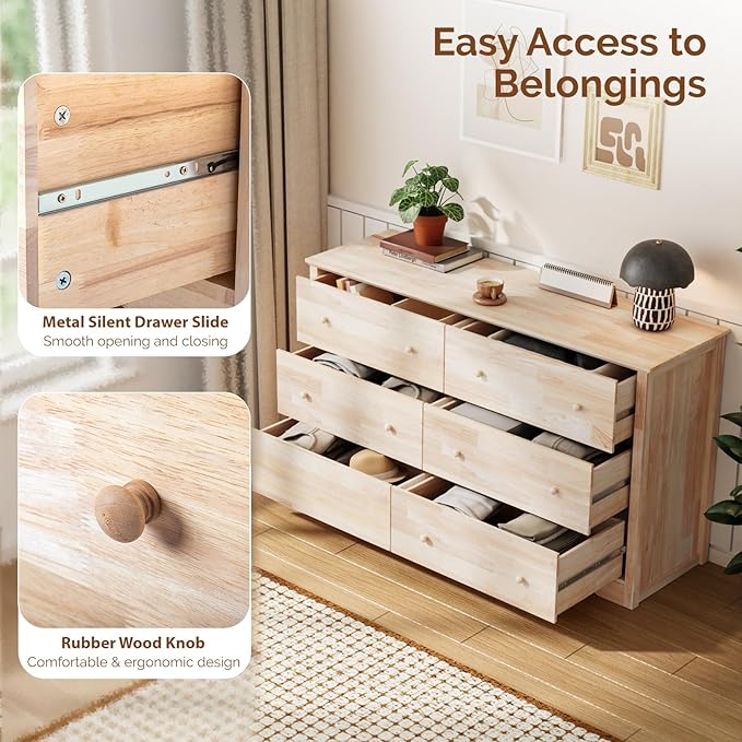 VINGLI 57" Unfinished Solid Wood Dresser for Color DIY, 6 Drawer Long Chest with Drawers, Natural Rubberwood, 57" W*17.7" D*33" H