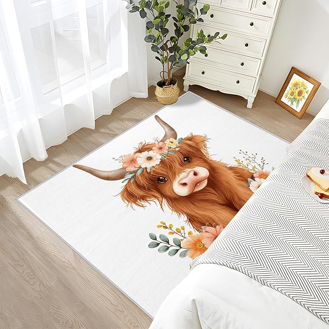 Highland Cow Rug for Nursery - 5x6 Rug - Highland Cow Rug - Cute Cartoon Farm Animal Area Rug - Floral Cattle Farmhouse Animal Rugs - Kids Baby Nursery Carpet - Home Decor