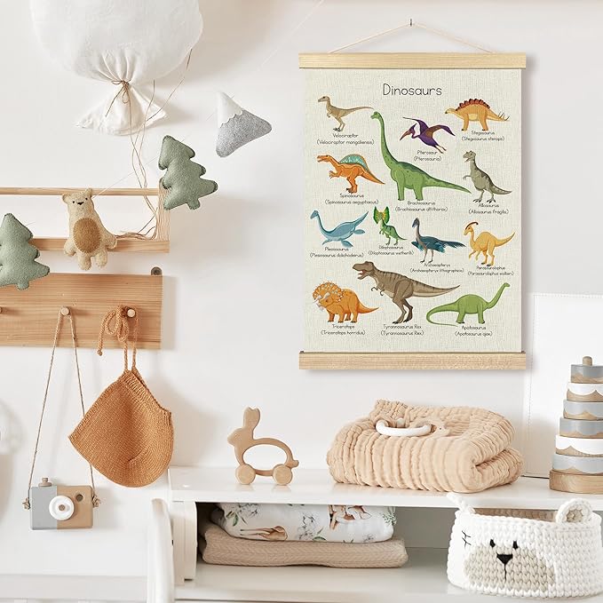 BCUANGD Dinosaur Dino Wall Decor - Toddler Boys Room Wall Art Poster Hanger with Wood Frames, Inspirational Wall Hanging Canvas Decor for Kids Baby Room Nursery Bedroom, 12x16 Inches